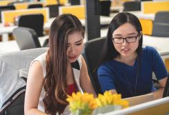 Two students working at a computer together