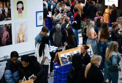 Crowds gather in the New Adelphi building to look at students work