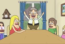 Five animated characters sit around a table in Nigel Leadfeather YouTube sensation