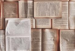 Several books opened flat to show their content