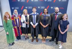 Four graduates stood alongside Chancellor, Lucy Meacock and Pro vice chancellor Jo purves