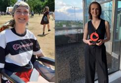 A girl sits in a wheelchair on the left in a park and on the right the same girl stands holding an award at The Lowry