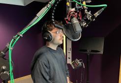 Jamie Peebles records dialogue for Squadron 42 in the voice recording studios