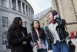 Students talking outside Manchester Central Library