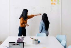 Two people planning using a white board