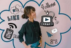 Person surrounded by graphics representing digital health