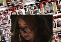 A picture of Caroline Cheetham surrounded by The Trial podcast covers