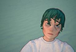 An animated character with green hair looks up at a sky in a short film 