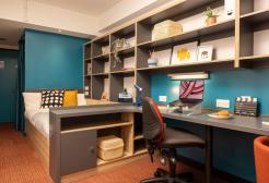 Gold room in Peel Park Quarter accommodation, University of Salford