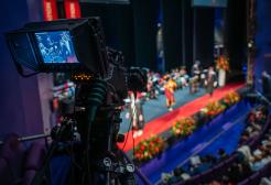 Video camera equipment recording a livestream of the graduation ceremony