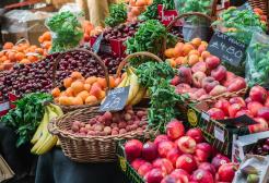 Fruit and vegetable stall at a UK food market