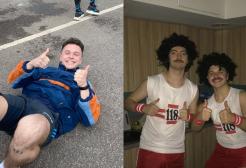 Two side by side images of a runner on the ground and top males wearing 118 shirts