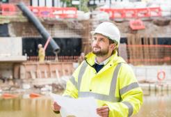 Male construction apprentice on site in safety gear inspecting plans