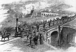 A black and white drawing of the Stockton and Darlington Railway