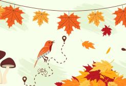 Autumnal icons including a bird, footprints, coffee, leaves, leaf piles, etc.