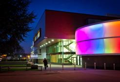 Rainbow lights on the Lady Hale Building, University of Salford