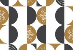 Illustration of stylized white snowflakes and starbursts are integrated into some of the gold circles