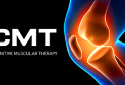 An image of a transparent knee with bones visible beside the letters CMT