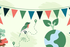 Go Green illustration representing environmental awareness and sustainability concepts, with silhouettes of bats, a frog, and a bird