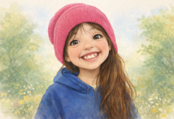 An illustration of a young girl wearing a pink hat and a blue hoodie, surrounded by green trees