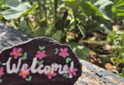An image of a small piece of slate with the word 'Welcome' written on with painted flowers, propped up on a piece of wood with greenery behind.