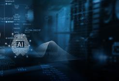 Digital artwork of a stylised human hand interacting with holographic data visualisations and a central AI brain icon