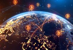  Illustration representing a global cryptocurrency network with Bitcoin icons