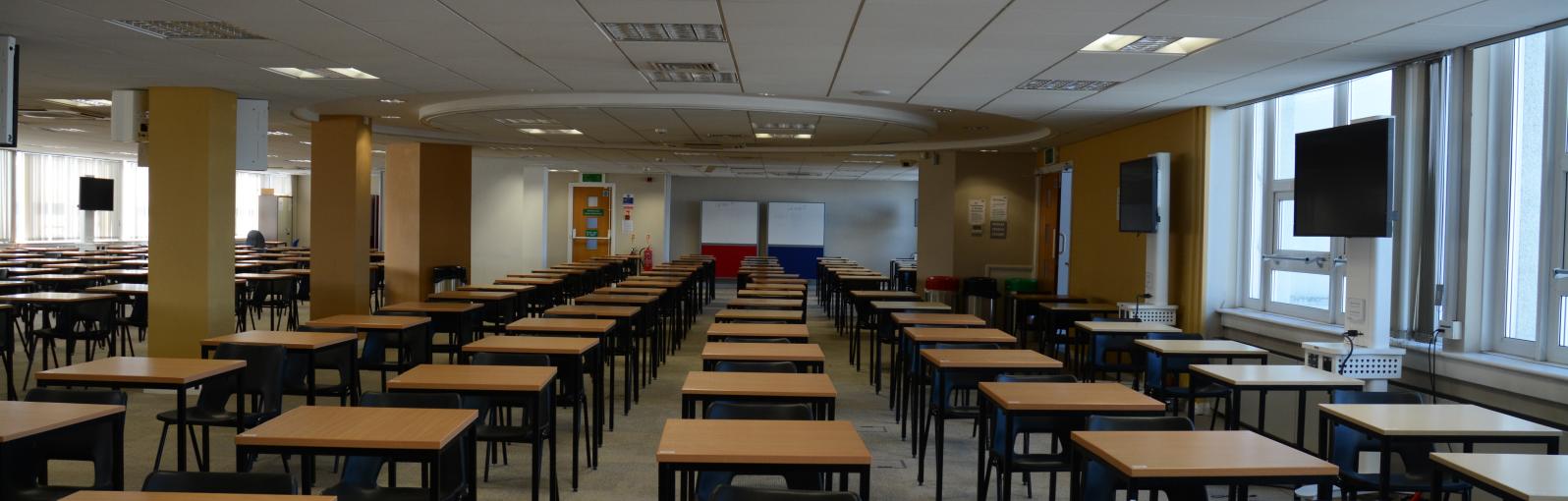 Tables set out ready for an exam