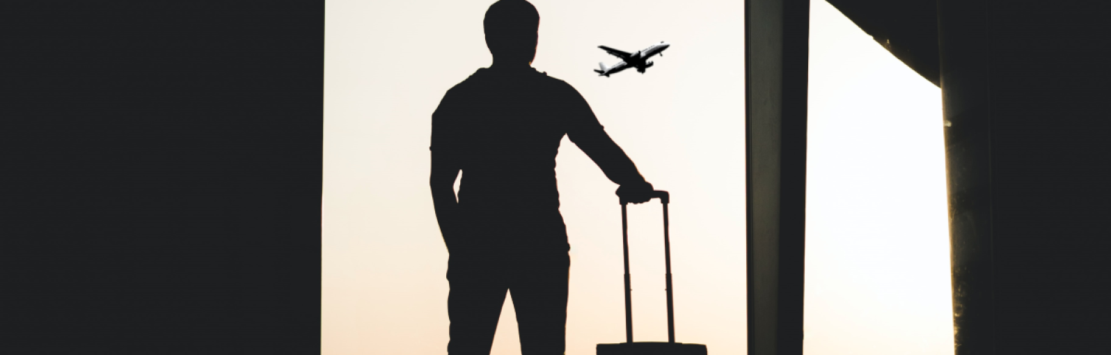 A person stands with luggage and watches a plane take off
