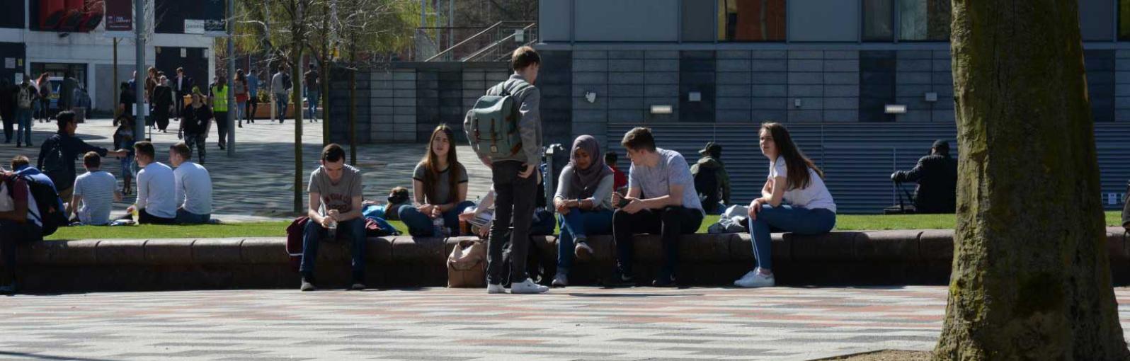 Students outside the library