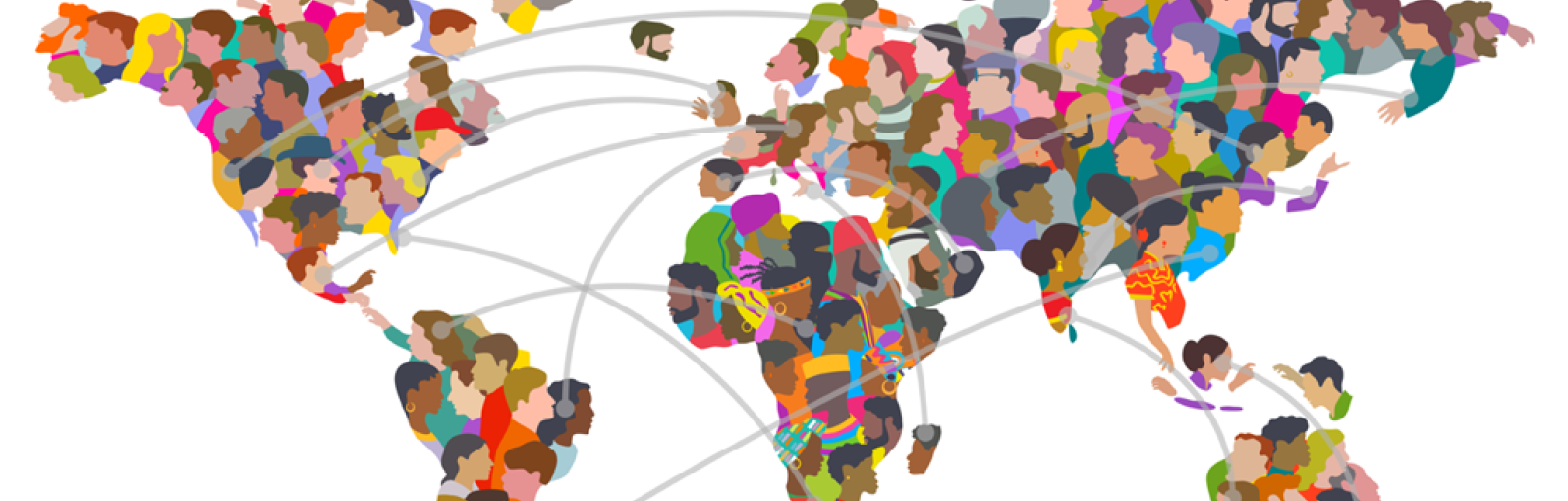 Illustration of a world map made up of people's faces with lines connecting countries