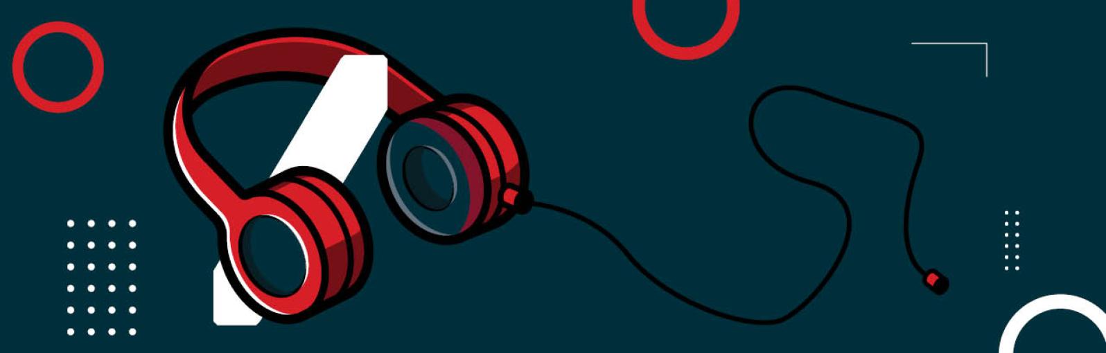 Navy background with white and red circle icons. Logo is headphones wrapped around a slash