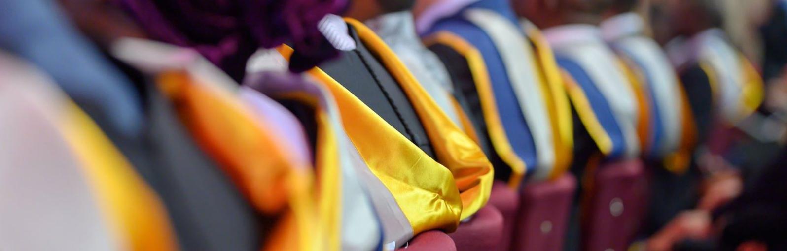 A row of graduates from behind sat on burgundy chairs wearing blue, white and yellow graduate hoods. 