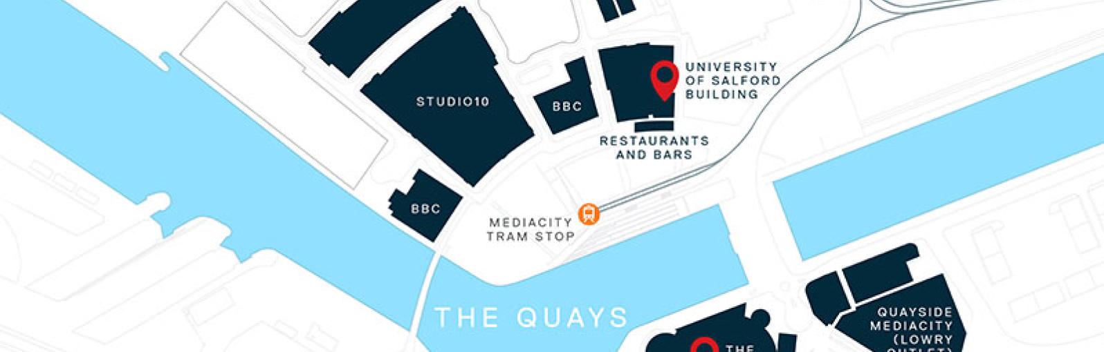 Map of MediaCity, showing location of University building and The Lowry