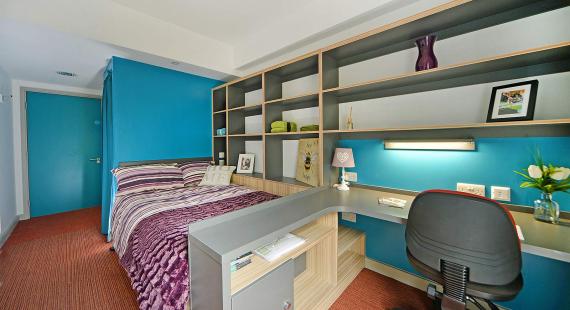 Bedroom interior in Peel Park Quarter accommodation