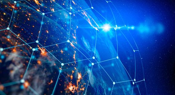 Digital network connections rendered over Earth's surface