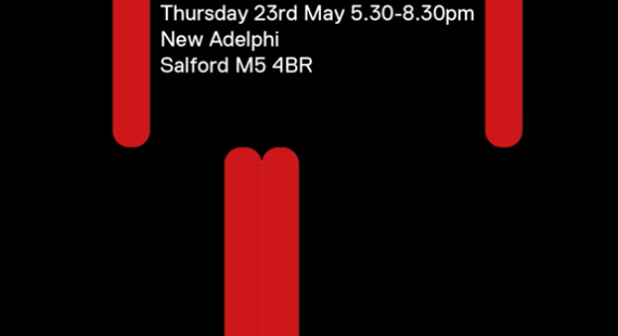 Red and black square graphic advertising the opening of University of Salford Degree Show on 23 May 2024