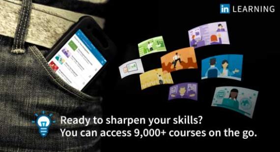 Linkedin Learning advert with cartoon graphics and text saying 'Ready to sharpen your skills? You can access 9,000+ courses on the go'