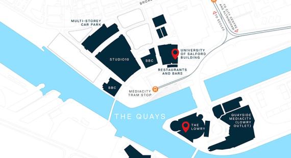 Map of MediaCity, showing location of University building and The Lowry