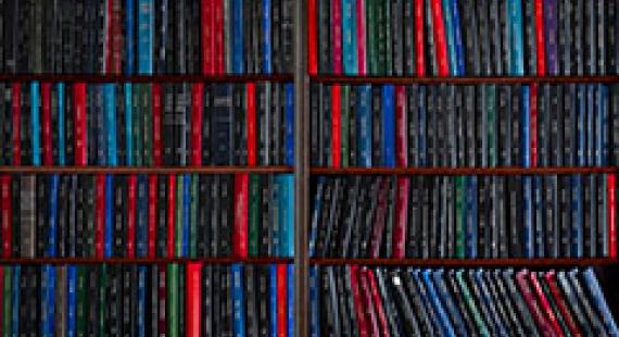 Shelves packed with rows of books arranged vertically, showing spines of various colors.