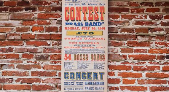 Colourful Victorian-era poster advertising a brass band contest at the Rifle Barracks on Elm Tree Avenue, Hull, on Monday 20 July 1868, featuring prize amounts, a list of participating brass bands, and details of concerts and performances.