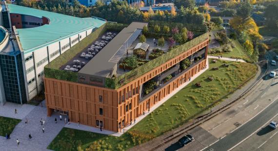 An artist's impression of an aerial view of the Thrive Health and Wellbeing Centre, University of Salford