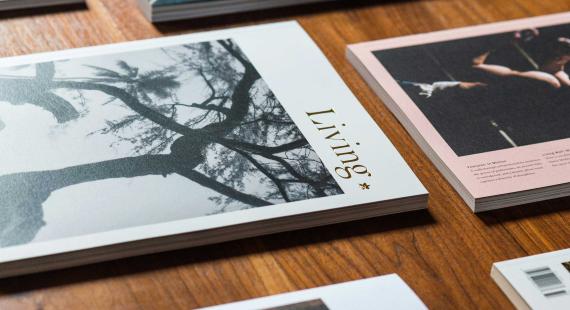 Several printed magazines and brochures arranged on a wooden table, displaying a variety of cover designs, photographs, and typography