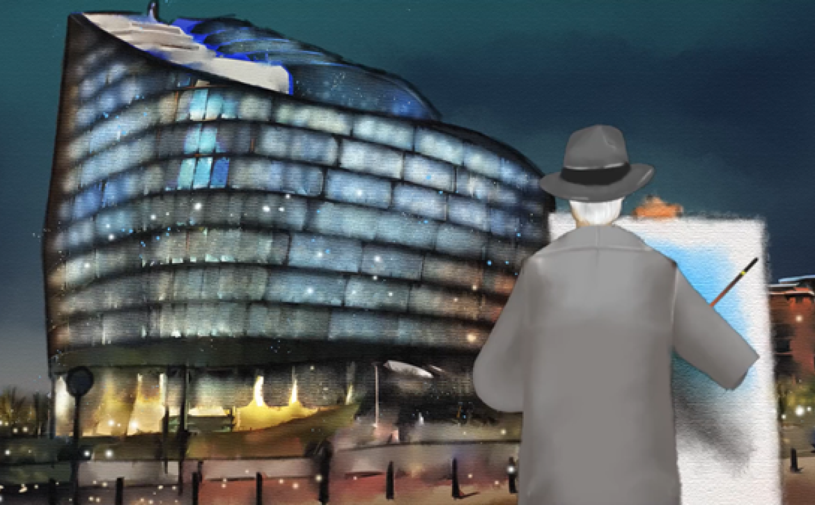 Image shows LS Lowry in animated form painting One Angel Square
