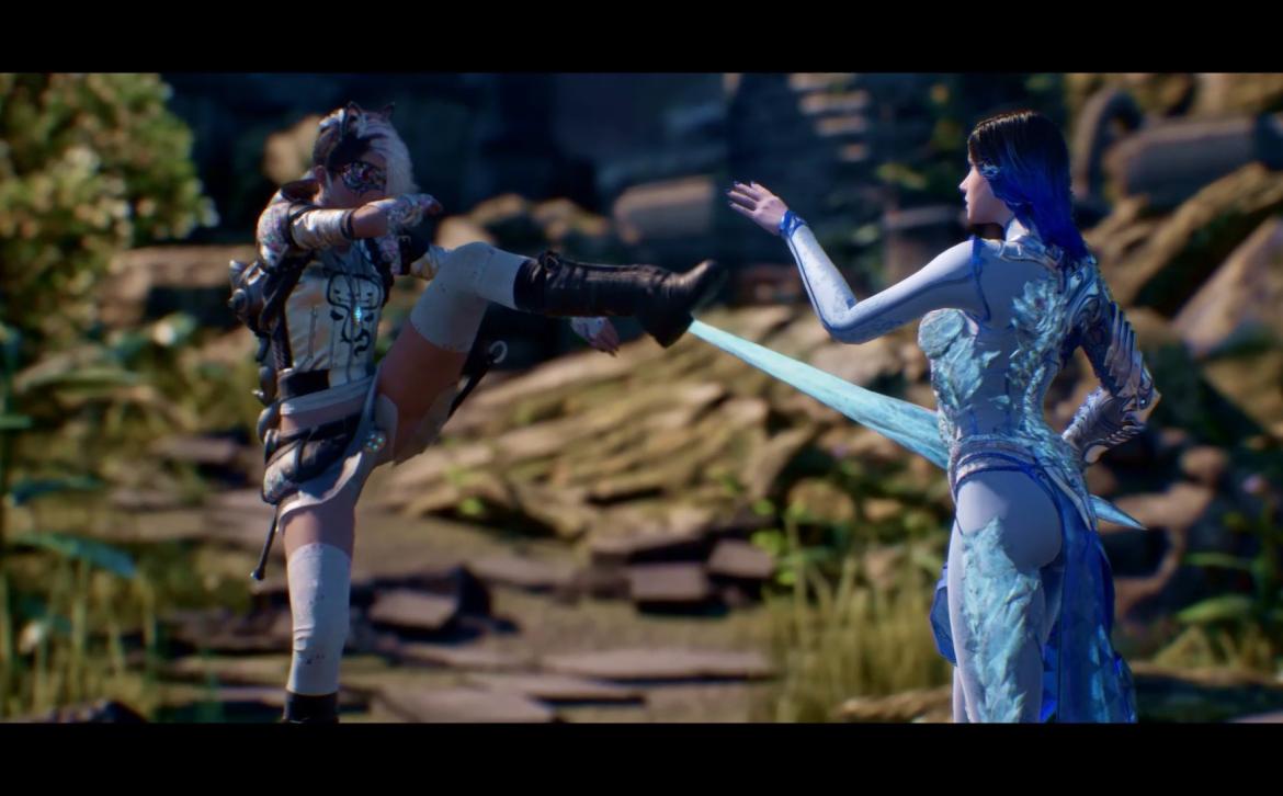 A screenshot of the video showcasing two characters fighting in midair in a virtual background 
