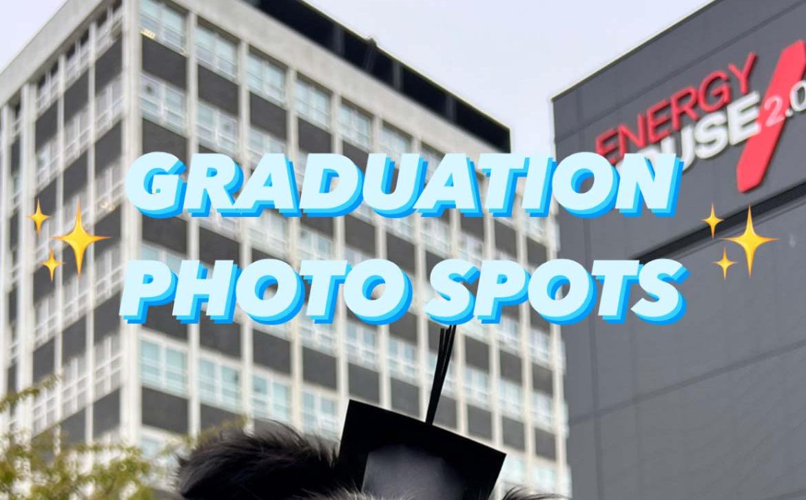"Graduation photo spots" written above Mikey, dog with graduation hat.