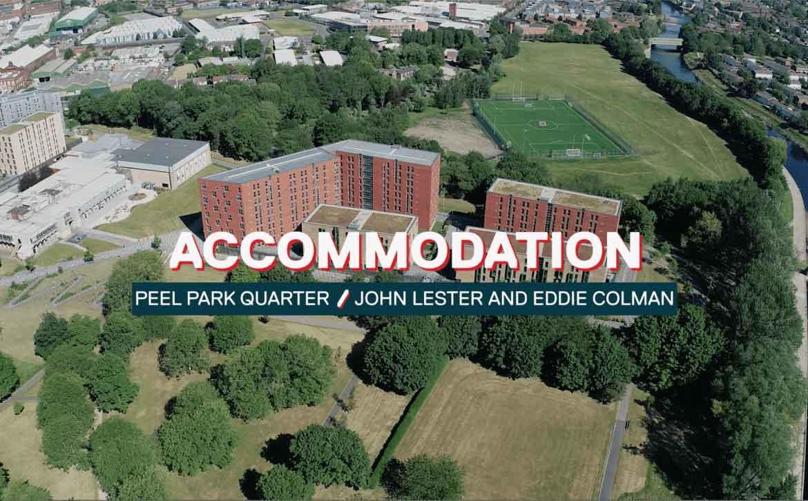 Birds eye view of Peel Park Quarter with text 'Accommodation: Peel Park Quarter and John Lester and Eddie Colman'