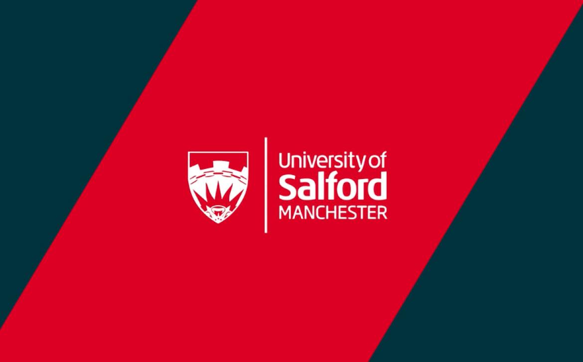 Red diagonal stripe with blue on either side, University of Salford logo in the center