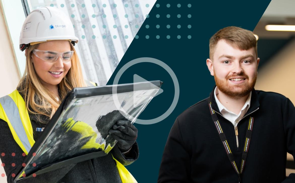 Video thumbnail: A female construction apprentice on site in safety gear and a male apprentice in the SEE building