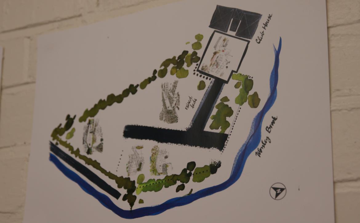 Drawing of a building surrounded by trees, with a river running around the outside